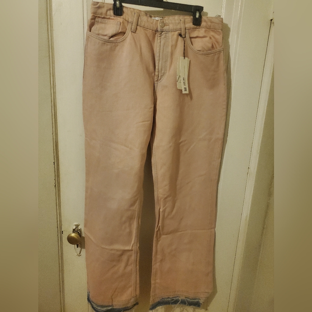 "NEW" Zara Pink Jeans Womens Size14 Wide Leg High Rise Distressed Barbie Core
